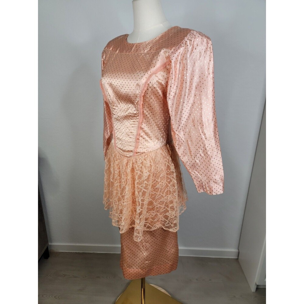 Vintage Homemade Homecoming Mid 80s Party Dress Peach Lace Sheath Peplum S - Picture 5 of 17